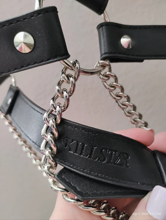 Black Faux Leather Harness with Silver Chains and Bell - Picture 2 of 2